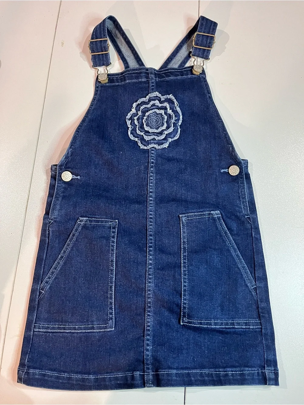 Epic Threads Dark Blue Denim Overall Dress with Floral Patch